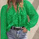 PRETTYGARDEN Women's Dressy Casual Blouse Tops Fall Spring Puff Long Sleeve Button V Neck Hollow Out Lace Embroidered Shirts (Green, S)