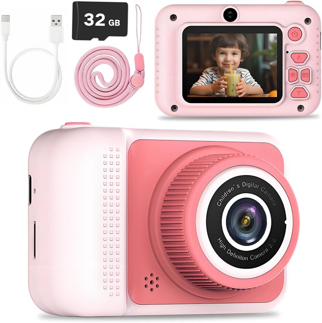 Pink Kids Camera Toys for Girls Age 3-8, LETONGJH1080P HD Toddler Digital Video Camera with 32GB SD Card, Christmas Birthday Gifts for 4 5 6 7 Year Old