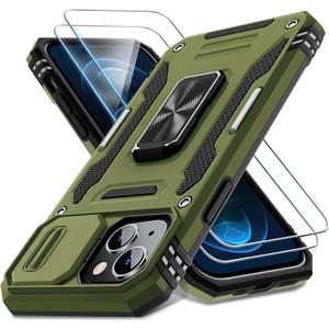 DEERLAMN Case for iPhone 15 with Slide Camera Cover + Screen Protector (2 Packs), Rotated Ring Kickstand Military Grade Shockproof Protective Cover-Olive Green