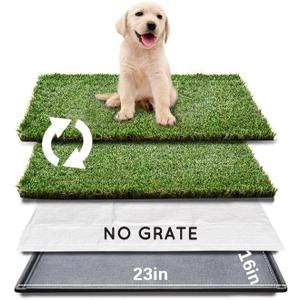 HQ4us Dog Grass Pad with Tray Small 23" x 16" Dog Litter Box Toilet for Puppy (No Grate) with 2×Artificial Grass for Dogs with Hemmed Edge, Pee Pads for Dogs, Realistic, Less Stink, Potty for Balcony