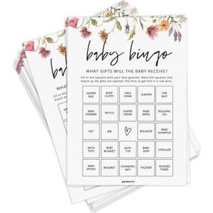 Baby Bingo, Fun Baby Shower Games for Girl (50 Unique Cards), Pre-Filled, Perforated Calling Cards, Gender Neutral (Wildflower)