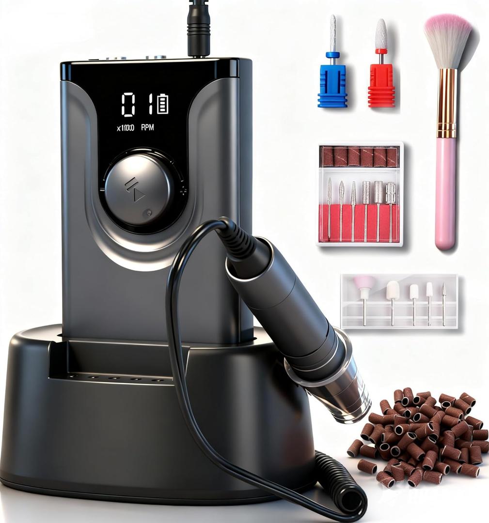 Lumcrissy Professional Nail Drill ,Electric Nail File Machine Nails Drill Kit ,Rechargeable Drill Bit Nail File Buffer Tools for Salon Manicure Pedicure (Gray)