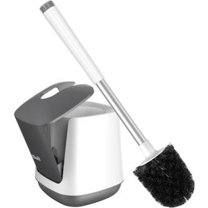 SetSail Toilet Brush and Holder, Self Closing Lid Toilet Bowl Brushes Holder and Extra Long Handle Ventilated Toilet Brush Set for Bathroom Cleaning, Nylon Bristles, White & Grey (1 pack)