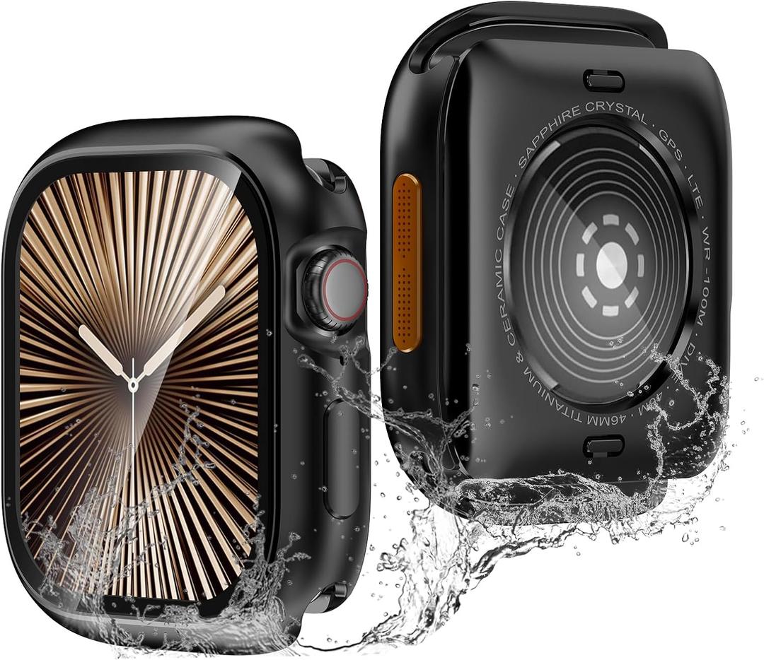 YIJDACASE [Metal Armor] Waterproof Case for Apple Watch Series 11/10 46mm, Military-Grade Shockproof Bumper Built-in Glass Screen Protector, 360 Full Protective Anti-Crack Cover, Black