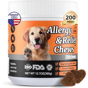 Dog Allergy Chews 200PCS Supports Skin & Coat Health Helps Reduce Mild Itching & Scratching Immune & Allergy Support with Probiotics & Borage Oil