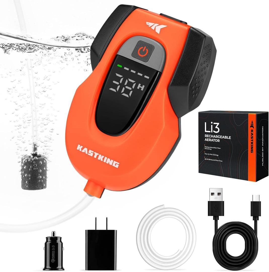 KastKing Li3 Rechargeable Live Bait Aerator, Lithium-Ion Battery, LCD Runtime Display, Large Aeration Stone, Aerator for Fish and Bait Buckets