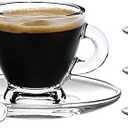 Espresso Cups, 3.2 oz Small Demitasse Clear Glass Espresso Drinkware, Set Of Cups, Saucers and Stainless Steel mini Spoons + Free Glass Spoons (set of 4)
