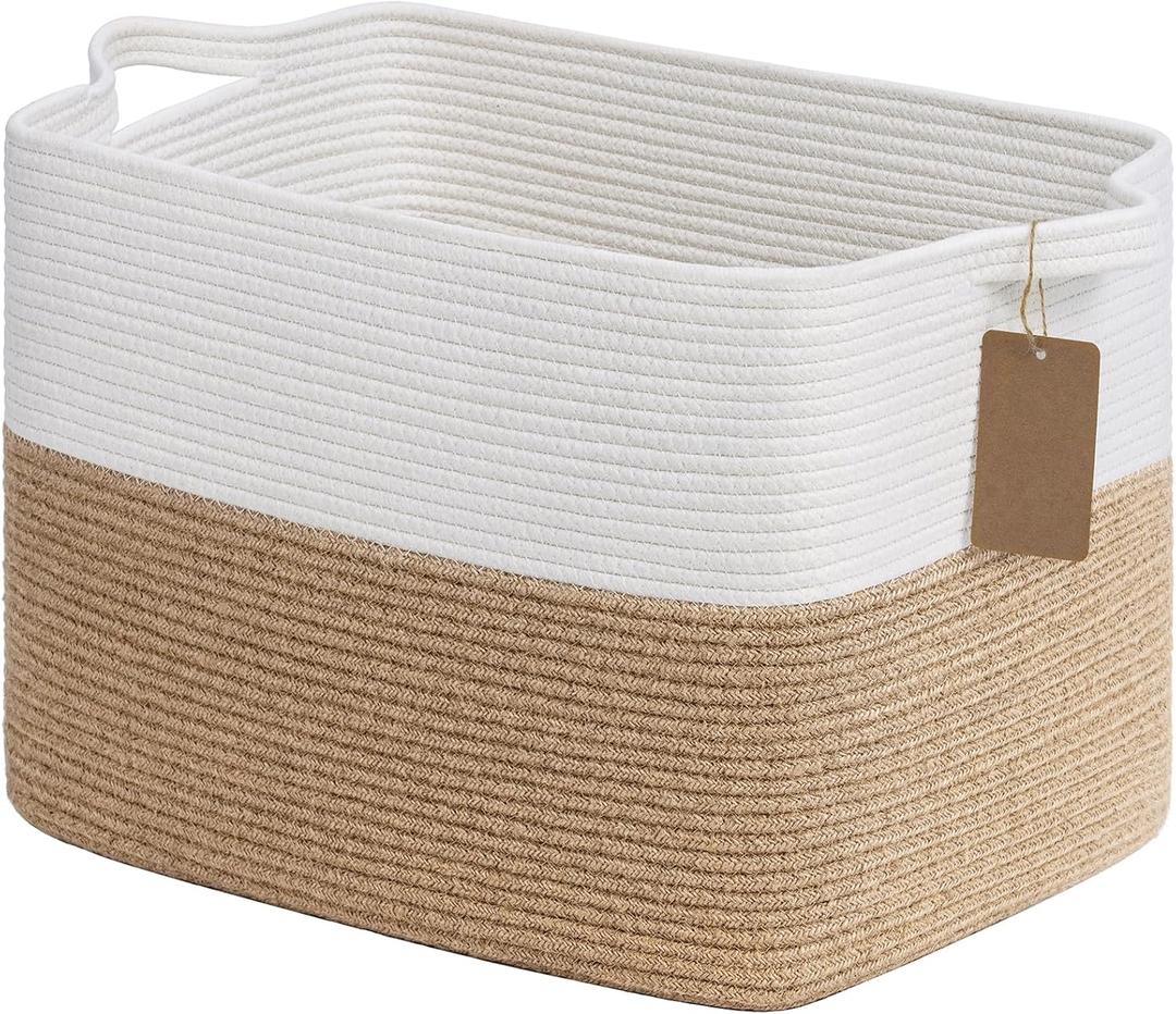 Goodpick Woven Storage Baskets for Organizing, Nursery Toy Baskets Storage Kids, Cotton Rope Basket with Handles, Rectangle Blanket Basket for Living Room, 18 x 14 x 12 Inches (Jute)