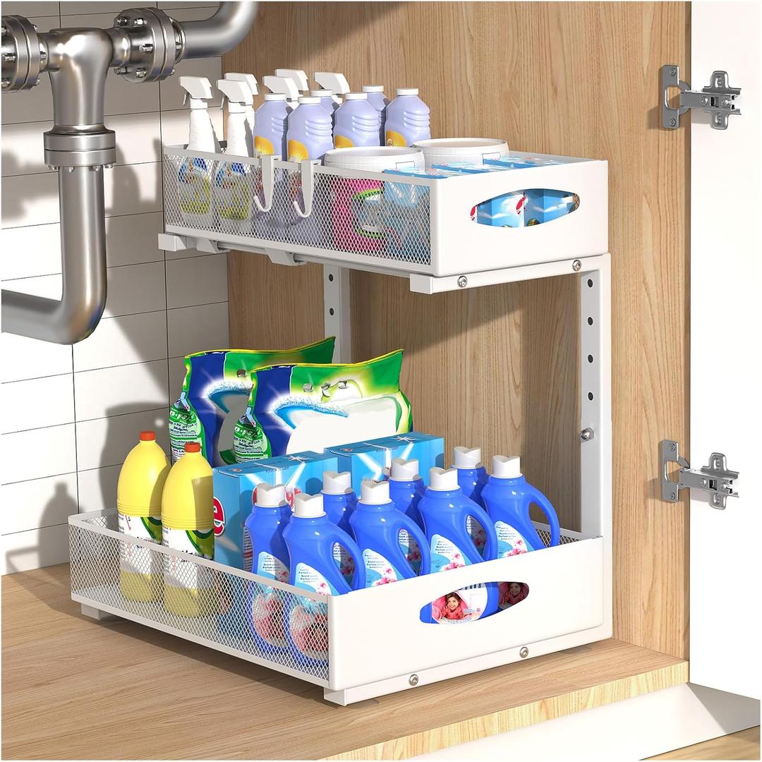 Housolution 1 Pack Large Under Sink Organizer, 2 Tier Metal Pull Out Under Sink Storage with Sliding Mesh Drawers, Height Adjustable Slide Out Under Cabinet Organizer for Kitchen Bathroom, White