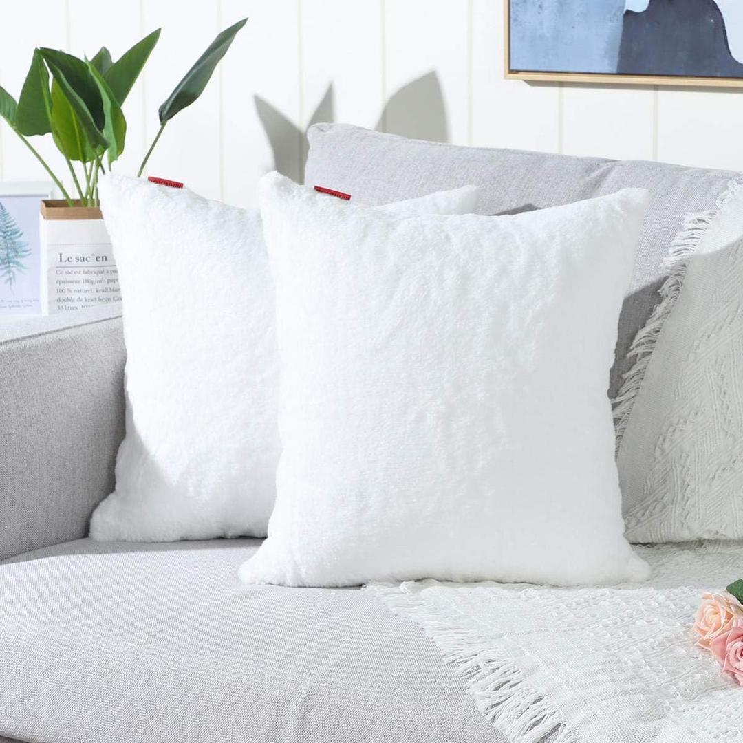 MANDIOO Pack of 2 Pure Snow White Faux Fur Fuzzy Cozy Soft Decorative Throw Pillow Covers Set Cushion Cases Pillowcases for Sofa Bedroom Car 16x16 Inches