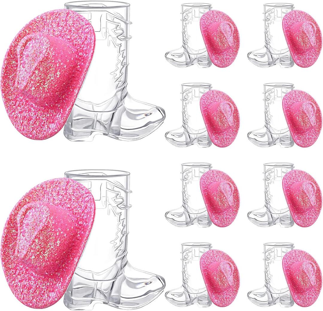 Vesici 20 Pcs Mini Cowgirl Hats Western Tiny Glitter Cowboy Shot Glasses Decor Cute Space Cowgirl Hat Boot Shot Plastic Cowboy Party Supplies Mugs for Dollhouse Decor Party Supplies (Pink)