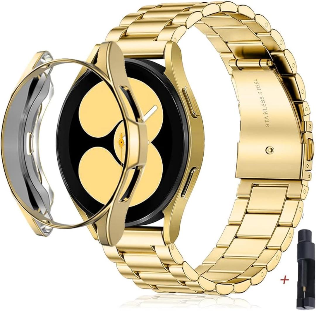 Compatible For samsung galaxy watch 6 44mm 40mm Stainless Steel Strap band with TPU case galaxy watch 6 classic 47mm 43mm case Cover (Gold)