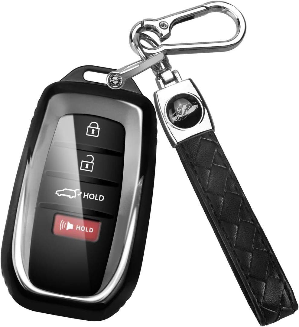 Key fob Cover for Toyota with Keychain, Soft TPU Key Shell Case for 2025 Camry, 2021-2025 Venza Sienna, 2019-2025 Land Cruiser, 2023-2025 Highlander Tundra Corolla Prius, 4 Buttons (Black)