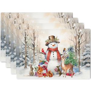 Winter Snowman Placemats Set of 4 Winter Forest Seasonal Place Mats 12 x 18 Inch Waterproof Seasonal Xmas Vinter Heat Resistant Table Mats for Snowflakes Holiday Party Home Kitchen Dining Decoration