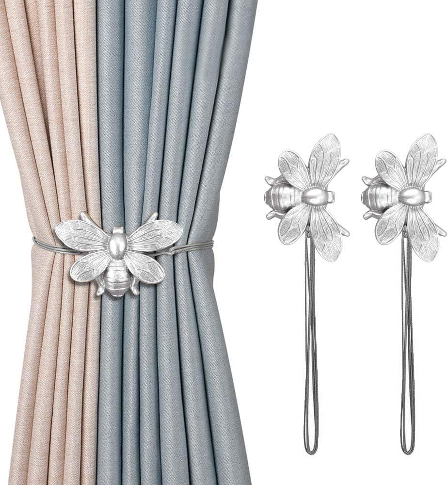Curtain Holdbacks Set of 2, Gift, Resin Magnetic Curtain Tiebacks Silver Flying Bee Curtain Holders, Decorative Curtain Ties for Drapes, Outdoor Home Office Farmhouse, Curtain Decorative Accessories