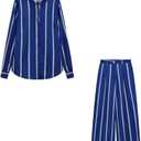Solid Color Casual Lapel Single Breasted Striped Long Sleeve Shirt Wide Leg Pants Women's Two-Piece Suit, XXL