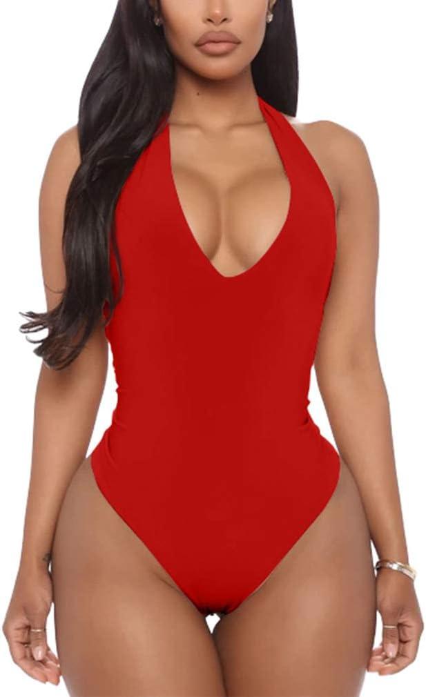YMDUCH Women's Sexy Sleeveless Halter V Neck Backless Leotard Bodysuit Tops (Large, Red)