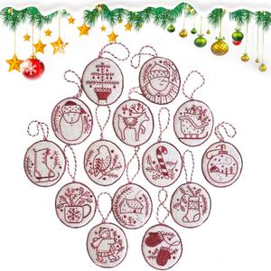 Zsdios Christmas Embroidery Kit,Embroidery Christmas Ornament Kits, Complete Needlepoint Starter Set, Hand Embroidery Ornament Kit for Beginners with Easy & Instructions (14 Pcs Red Set)