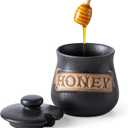 12OZ Honey Jar with Dipper and Lid, Ceramic Honey Pot Container, Large Honey Jars Dispenser – Multi-Use for Chocolate Syrup/Agave, Fits Farmhouse Kitchens & Dinner Parties Gifts, Black