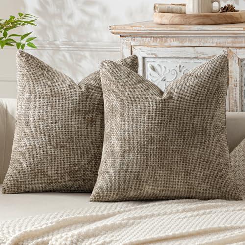 MIULEE Pack of 2 Couch Throw Pillow Covers 22x22 Inch Neutral Khaki Modern Boho Accent Decorative Pillow Covers Soft Chenille Farmhouse Cushion Covers for Home Decor Bed Sofa Living Room
