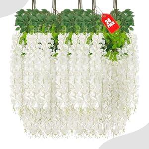 ZEBMOON 24 Pack White Wisteria Hanging Flowers, 3.77 Ft Fake Hanging Flowers, Artificial Wisteria Garland Vines for Wedding Room Backdrop Outdoor Patio Garden Decoration