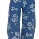 loveimgs Women Y2k Distressed Barrel Jeans Baggy Wide Leg Jeans Floral Printed Boyfriend Patchwork Denim Pants (Blue, XXL)
