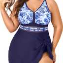 Women's Plus Size Tankini Swimsuits Mesh Two Piece Swim Dress Criss Cross V Neck Swimwear with Briefs (Blue and White Print)