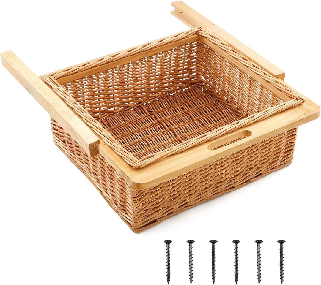 Rustic Wicker Pull out Cabinet Organizer Basket Drawers with Frame and Runners Slide 20" W x 20" l x 8" H for Kitchen Shelf Pantry Storage, Easy DIY Installation
