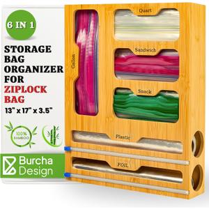 Burcha 6-in-1 Storage Bag Organizer for Ziploc Bag, Sandwich Bag Organizer for Kitchen Drawer and Wall Mount, Bamboo Foil and Plastic Wrap Organizer with Cutter, For Gallon Quart Snack (17 X 13 X 3.5)
