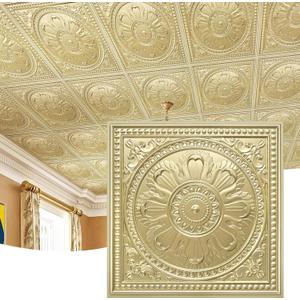 STICKGOO Drop Ceiling Tiles 24"x24", PVC Panels Waterproof Reusable, Covers 48 Sq.Ft., Baroque Decorative Ceiling Tiles for Home & Commercial Use (Pack of 12, Champagne Gold)