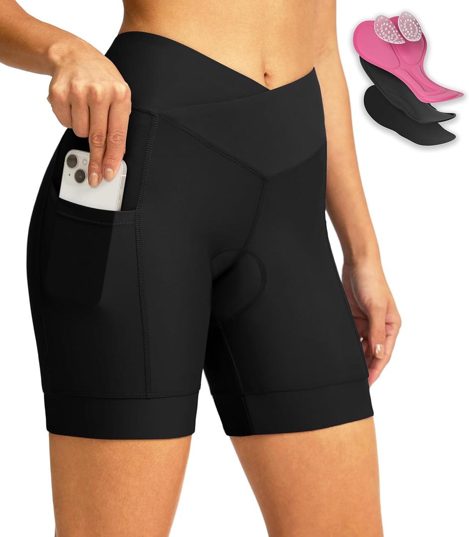 Women's Bike Shorts 4D Padded Cycling Shorts Crossover Waist Biking Shorts with Pockets Bicycle Riding (Black, L)