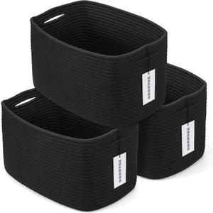 Cotton Rope storage Basket Bins 15X10X9.3 Woven Basket for Organizing Shelves Rectangle Decorative Baskets For storage Clothes Toys Books Towels Square Wicker Nursery basket organizer 3 pack black