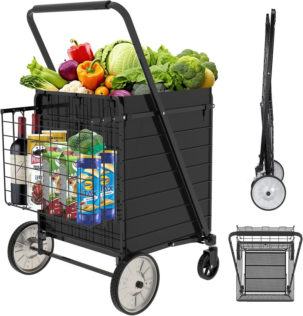 JIALIJIU Heavy Duty Folding Shopping Cart for Groceries, Huge Grocery Carts with 360 Swivel Wheels, Metal Rear Wheels, Waterproof Bag, Portable Utility Trolley for Daily, Laundry, Super Huge-36 Gal