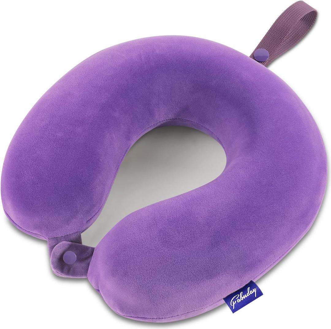 Neck Pillow for Travel Memory Foam - Airplane Pillows for Sleeping with Attachable Snap Strap Soft Washable Cover, Flight Pillow for Traveling, Car, Home, Provide Head Neck Support Rest Purple