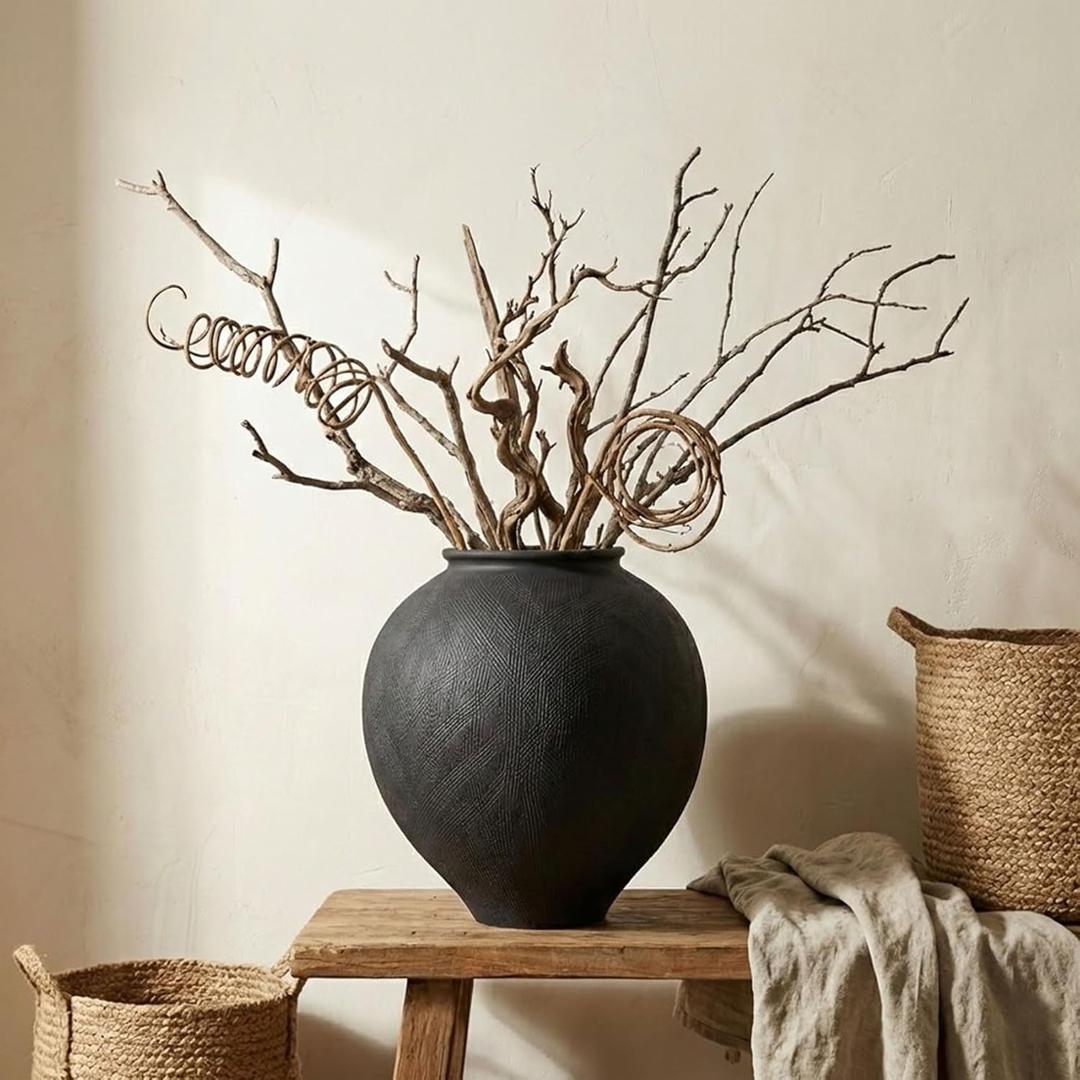 Large Blak Ceramic Vase - 11.8 Inch Large Black Round Vase, Rustic Farmhouse Vase for Home Decor, Dining Table, Shelf, Bedroom, Living Room, Kitchen, Office, Bathroom, Mantle, Centerpiece Décor