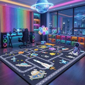 Space Rug 6x9 Feet, Kids Area Rugs for Bedroom Playroom, Solar System Outer Space Carpet for Boys Room, Educational Galaxy Planet Decor Floor Mat, Non Slip