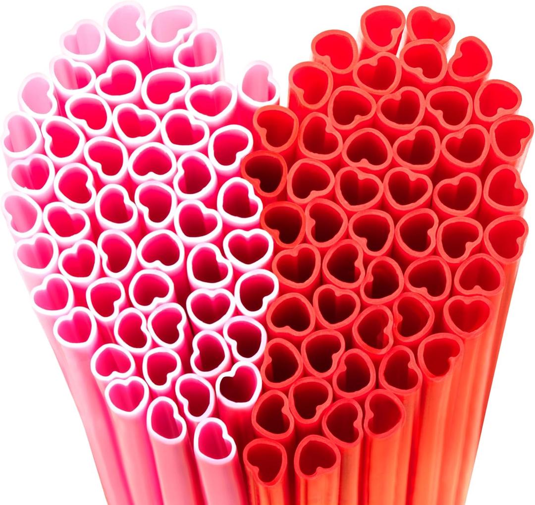 50pcs Heart Straws 8mm-Individually Wrapped for Valentine's Gifts, Weddings & Parties Romantic Parties(Red/Pink) (Mix)
