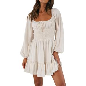 LILLUSORY Women's Long Sleeve Mini Cottagecore Dresses 2026 Fall Outfits Square Neck Casual Flowy Short Dress Fashion (X-Large, Apricot)