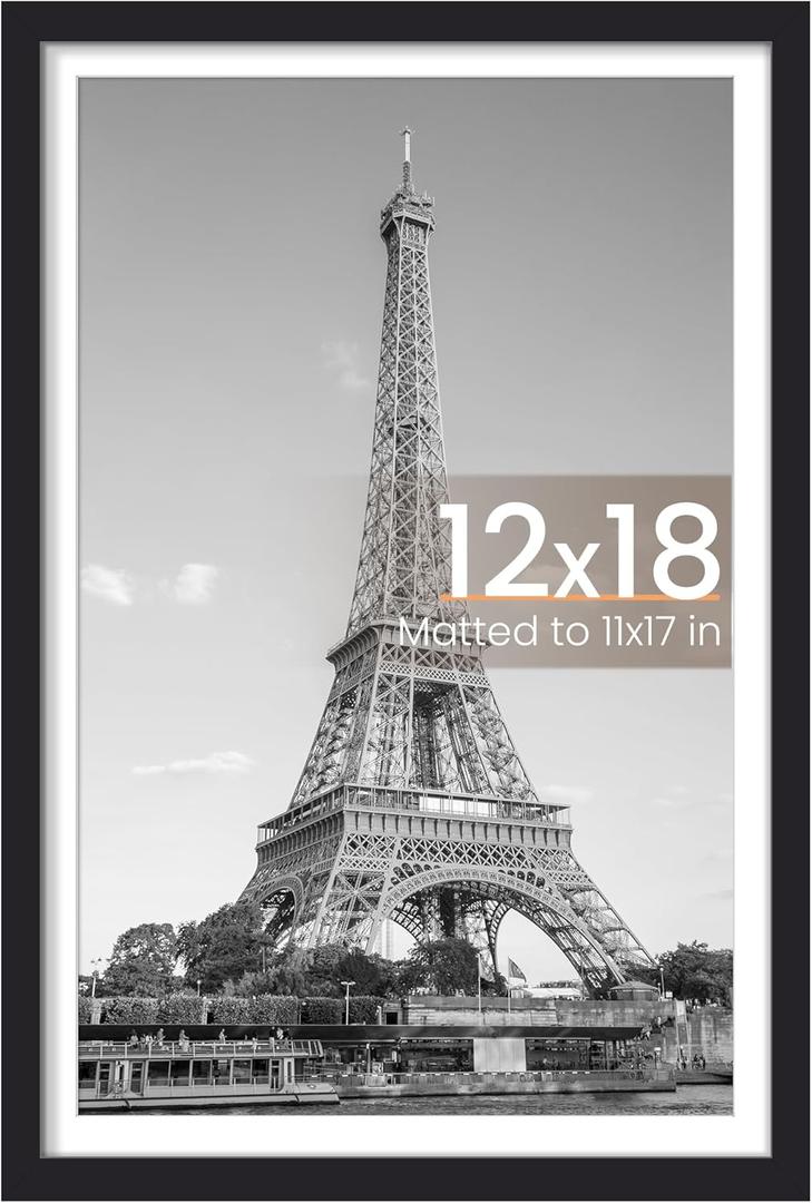 upsimples 12x18 Picture Frame, Display Pictures 11x17 with Mat or 12 x 18 Without, Wall Hanging Poster Frames, Black, 1 Pack