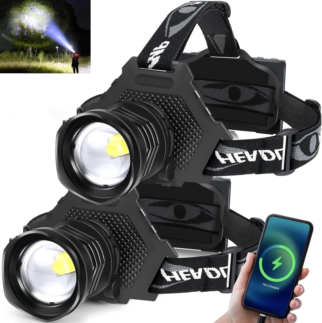 Aikertec Rechargeable LED Headlamp 1080 Lumen, Super Bright Head Lamp Flashlight with 5 Lighting Modes, IPX6 Waterproof, Zoomable Headlight for Camping, Hiking, Fishing, Biking, Running (2 Pack)