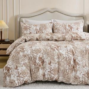 Khaki Floral Duvet Cover King Size 100% Cotton Vintage Botanical Duvet Cover Set 3 Pcs Soft Flower Bedding Set Breathable and Lightweight