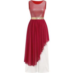 AFAVOM Praise Dance Dresses for Women Metallic Asymmetric Overlay Dress + Pants Worship Liturgical Dancewear Lyrical Costume (Medium, Wine Red)