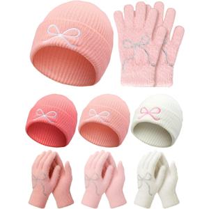 Pink Beanie Hat and Glove Set for Women Coquette Bow Beanie Bulk Y2k Winter Accessories (Multicolor)