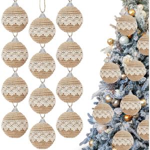 12 Pcs Boho Christmas Balls Ornament, 2.36 Inch Lace Burlap Farmhouse Jute Rope Hanging Balls, Burlap Neutral Rustic Decorations Balls for Home Xmas Tree Wreath Garland Wedding Home