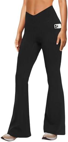 DLOODA Women's Yoga Pants with Pockets No Front Seam Crossover High Waisted Flare Leggings Tummy Control Bootcut Pants XXL