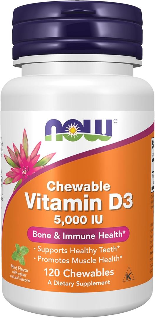 NOW Foods Supplements, Vitamin D-3 5,000 IU, Natural Mint Flavor, Structural Support*, 120 Chewables (BB-07/2028)