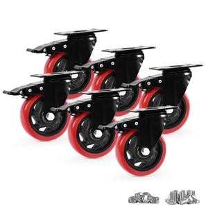 Caster Wheels, Heavy Duty 4 Inch Casters Set of 6, Locking Swivel Casters Wheels for Cart, Furniture and Workbench, Red