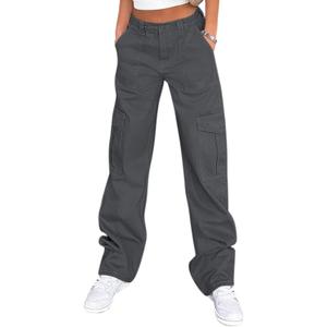 Lepunuo Cargo Pants for Women High Waisted Casual Pants Baggy Stretchy Wide Leg Y2K Streetwear with 6 Pockets (Large, Dark Grey)
