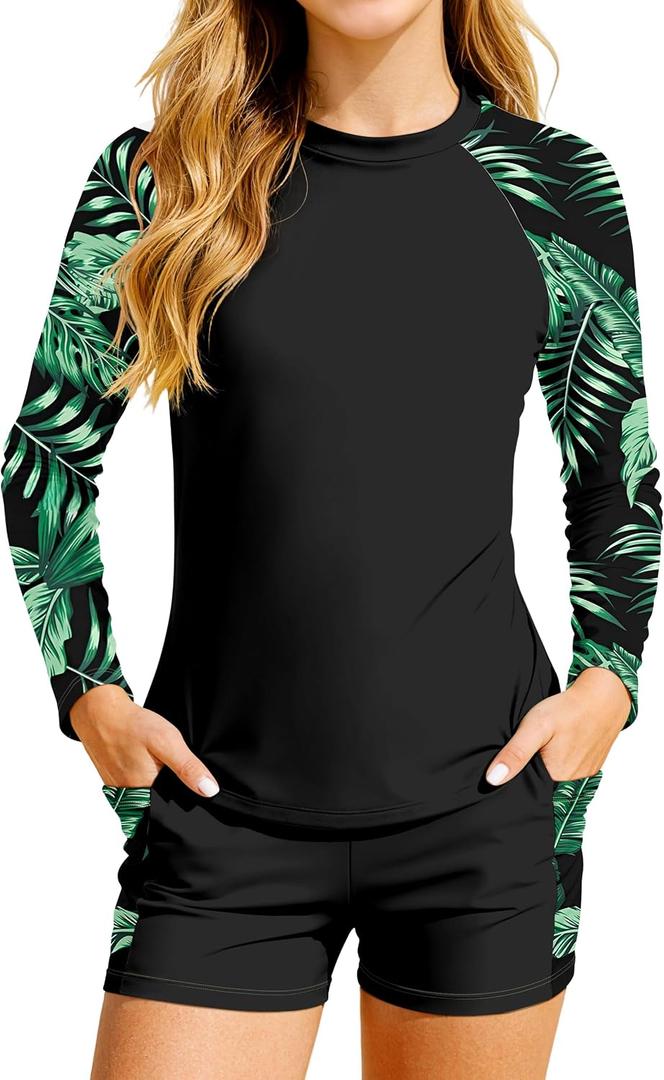 CrabQueen Girls Rash Guard Swimsuit 12-14 Teen Bathing Suits for Girls 12-14 Long Sleeve Printed Top + Bottom with Pockets 2 Piece Swimsuits for Girl Swimwear Black,  12-14Y
