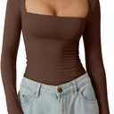QINSEN Women's Sexy Square Neck Shirt Long Sleeve Double Lined Tees Fitted Going Out Tops (Coffee Bean) XS